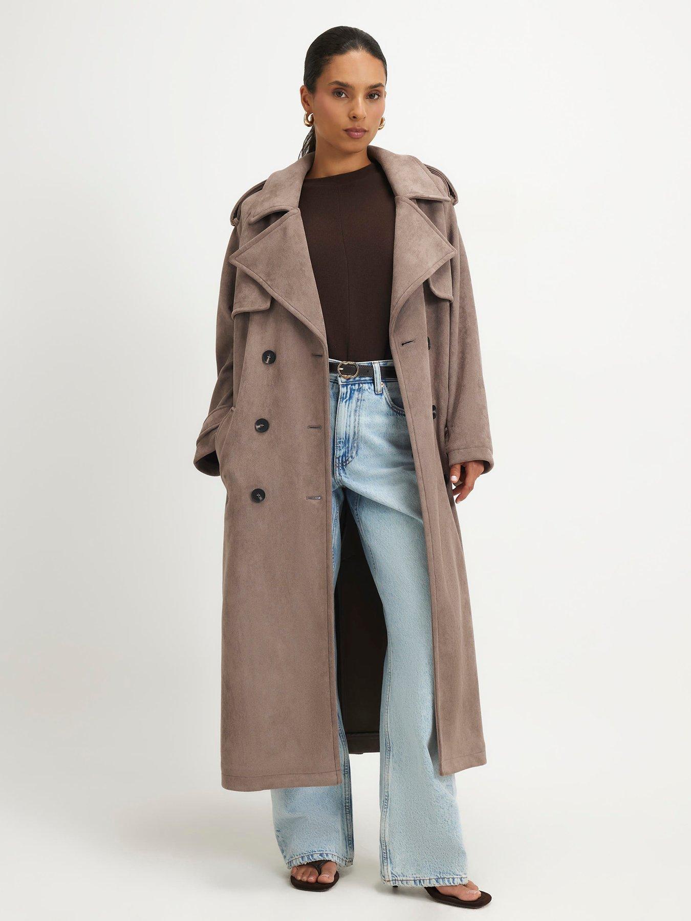 Image 1 of 4 of River Island Petite Faux Suede Trench Coat - Brown
