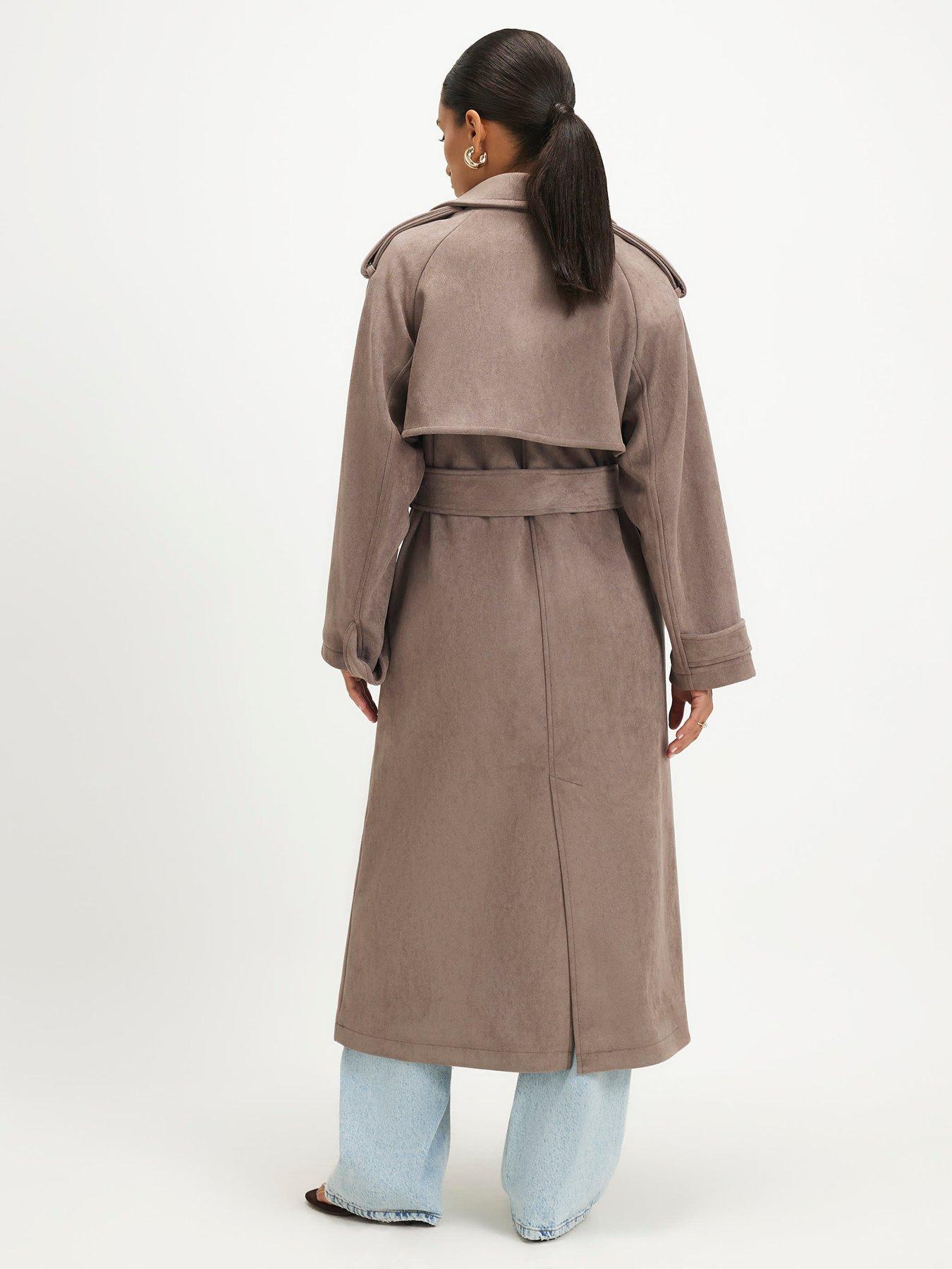 Image 2 of 4 of River Island Petite Faux Suede Trench Coat - Brown