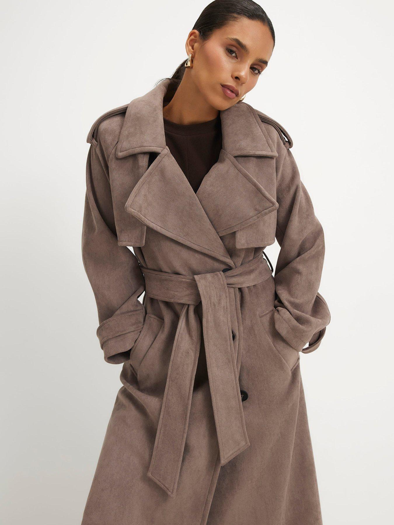 Image 3 of 4 of River Island Petite Faux Suede Trench Coat - Brown