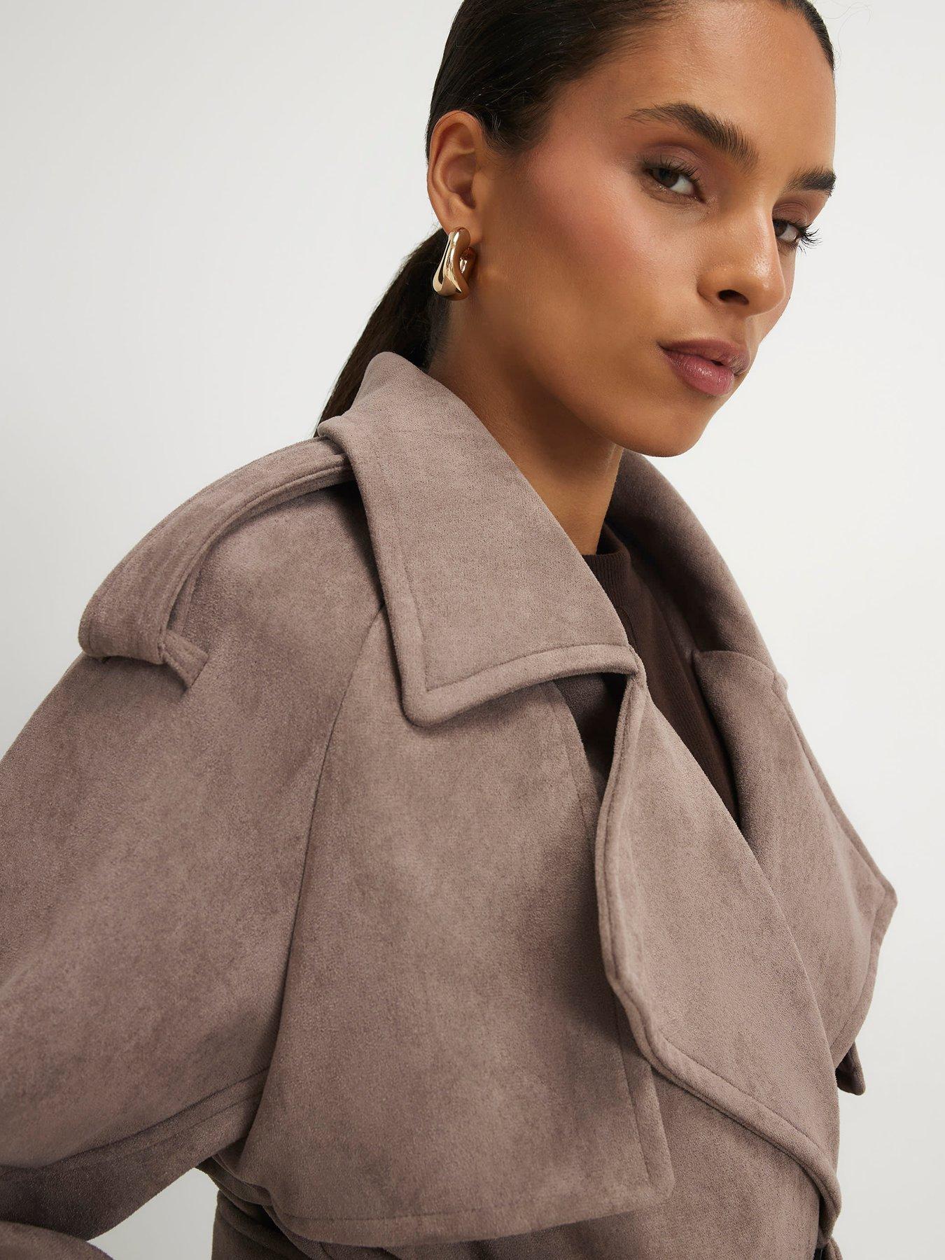 Image 4 of 4 of River Island Petite Faux Suede Trench Coat - Brown