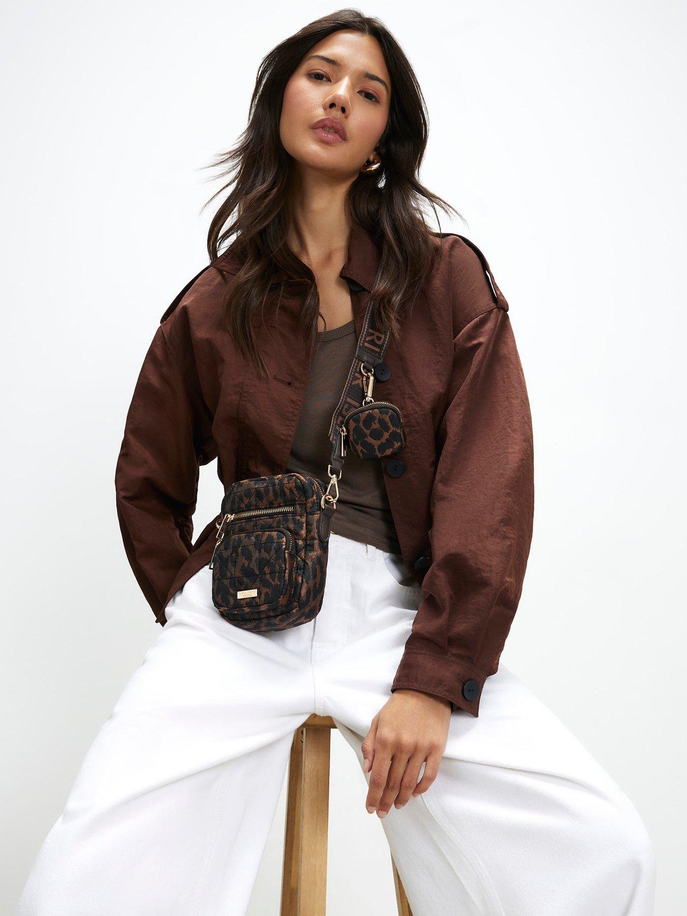 Image 1 of 4 of River Island Leopard Webbing Strap Crossbody Bag - Brown