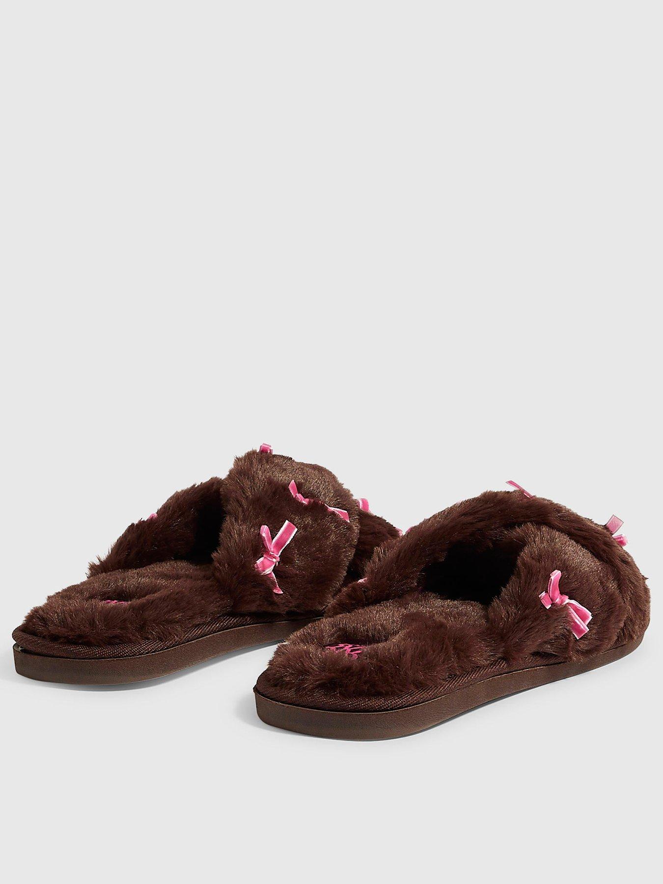 Image 3 of 4 of River Island Fluffy Cross Strap Bow Slippers
