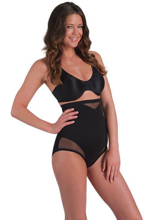 front image of miraclesuit-sexy-sheer-shaping-hi-waist-brief--blacknude