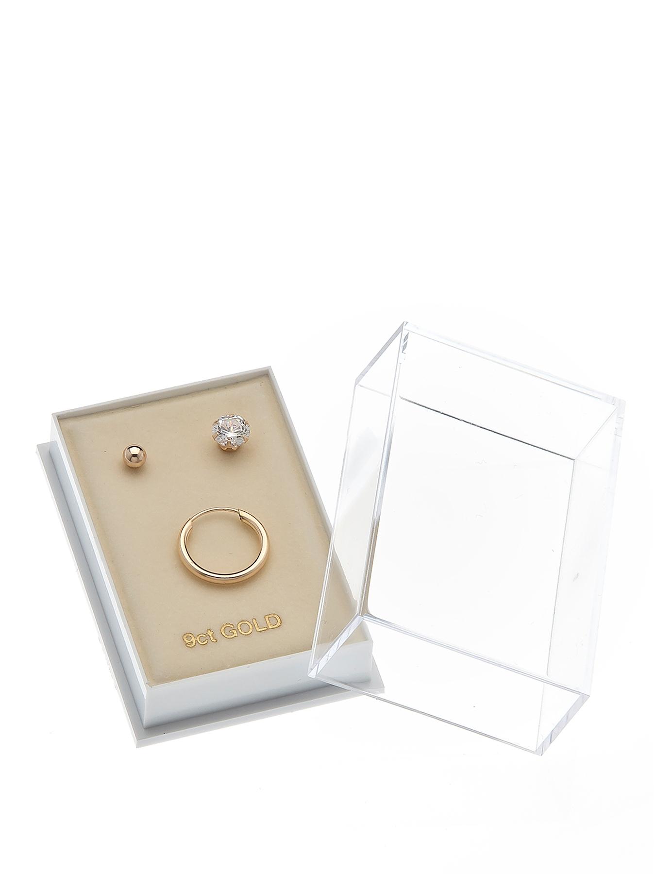  9 Carat Yellow Gold Mens Set of 3 Ball Stud, Hoop and Cubic Zirconia Earrings