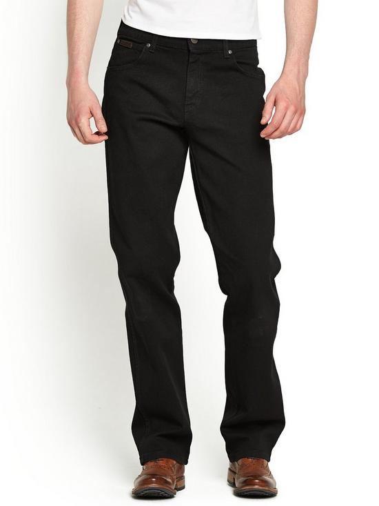 front image of wrangler-mens-texas-stretch-straight-jeans-black