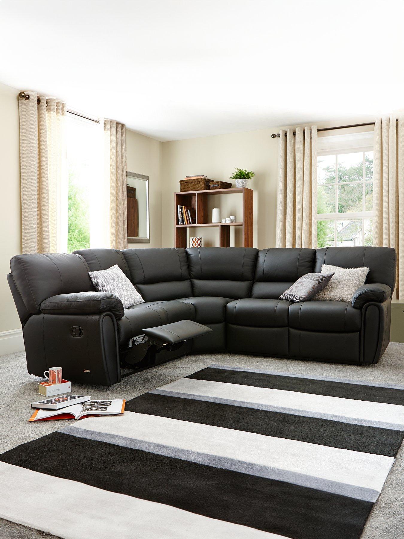 Product photograph of Leighton Leather Faux Leather High Back Reclining Corner Group Sofa - Black from very.co.uk