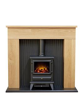 Product photograph of Adam Fires Fireplaces Innsbruck Oak Electric Fireplace Suite With Stove from very.co.uk