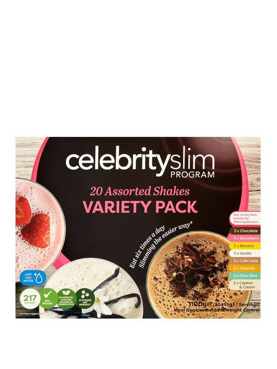 front image of celebrity-slim-20-shake-variety-pack-1100-grams-contents-4-x-chocolate-2-x-vanilla-2-x-banana-2-x-strawberry-2-x-caramel-2-x-cafeacute-latte
