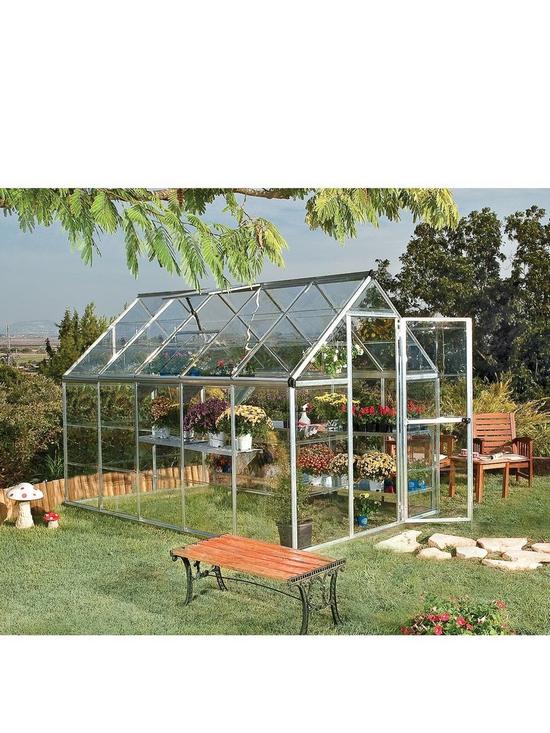 front image of canopia-by-palram-harmony-6-x-10ft-greenhouse-silver