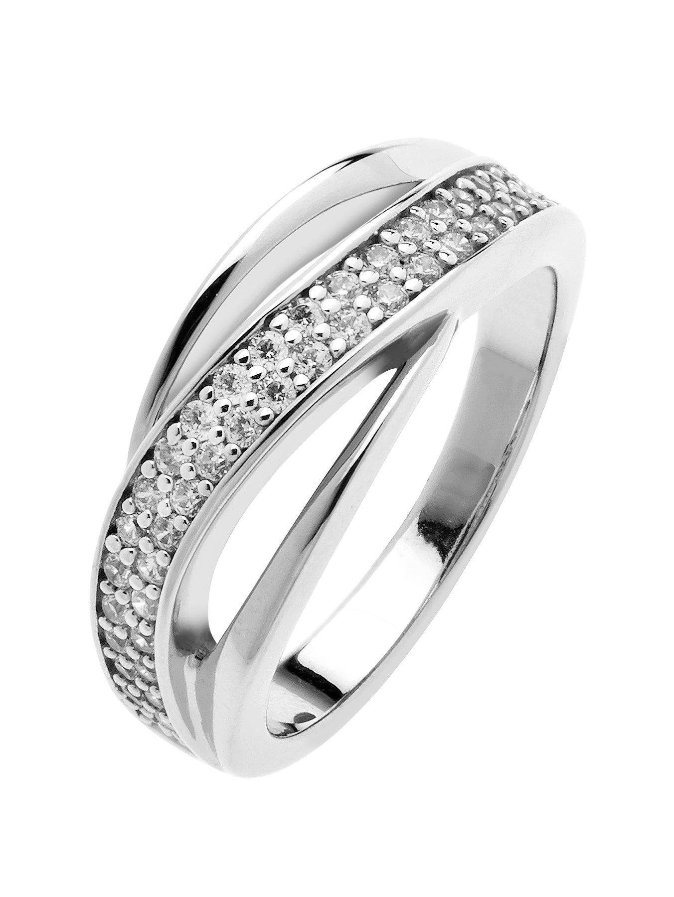 Product photograph of The Love Silver Collection Rhodium-plated Sterling Silver Twisted Triple Band Cubic Zirconia Ring from very.co.uk