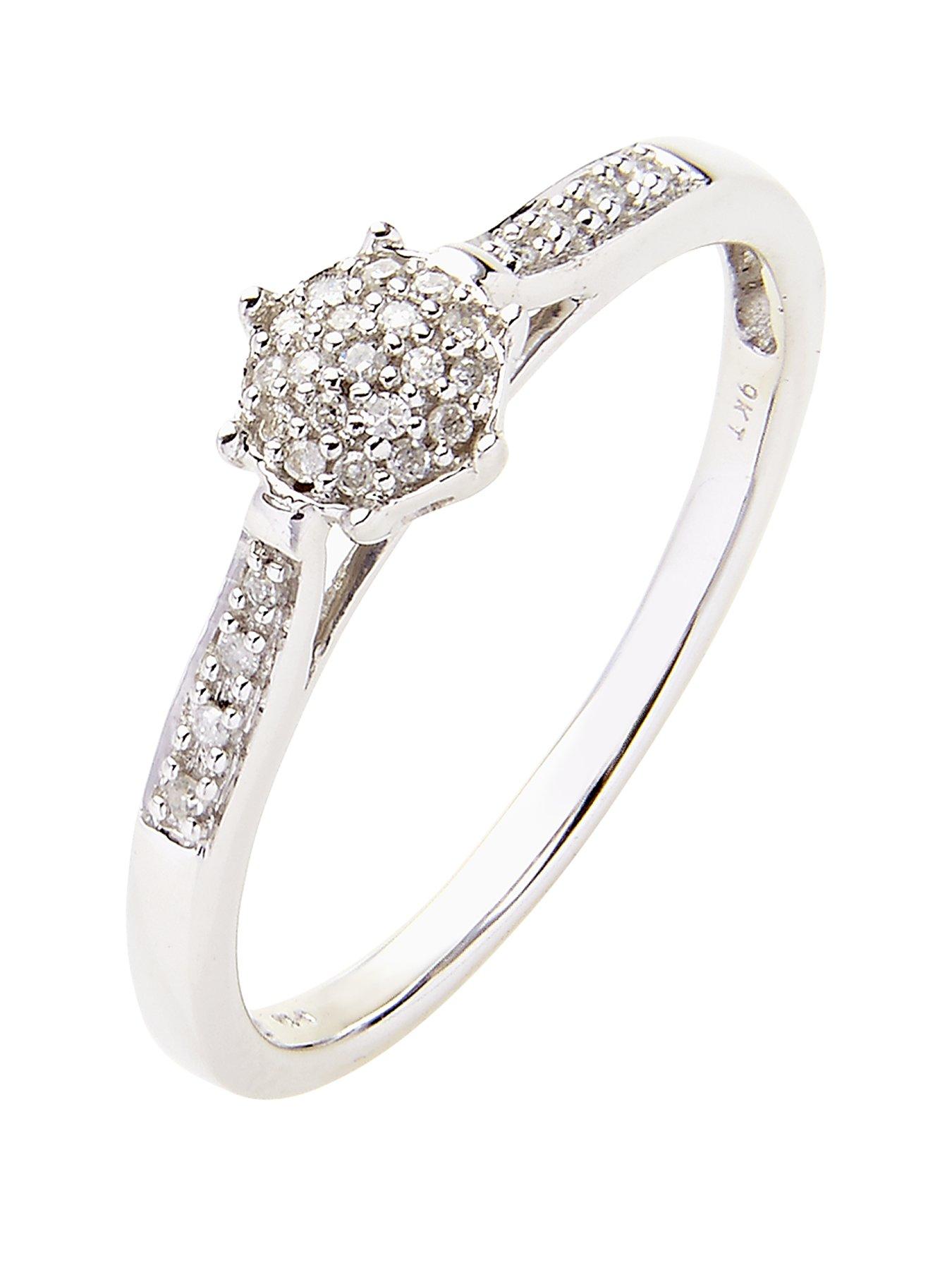 Women 9 Carat White Gold 10 Point Diamond Cluster Ring With Diamond Set Shoulders