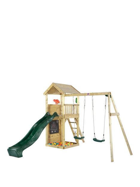 plum-wooden-lookout-tower-with-swings-slide-climbing-wall-and-sand-pit