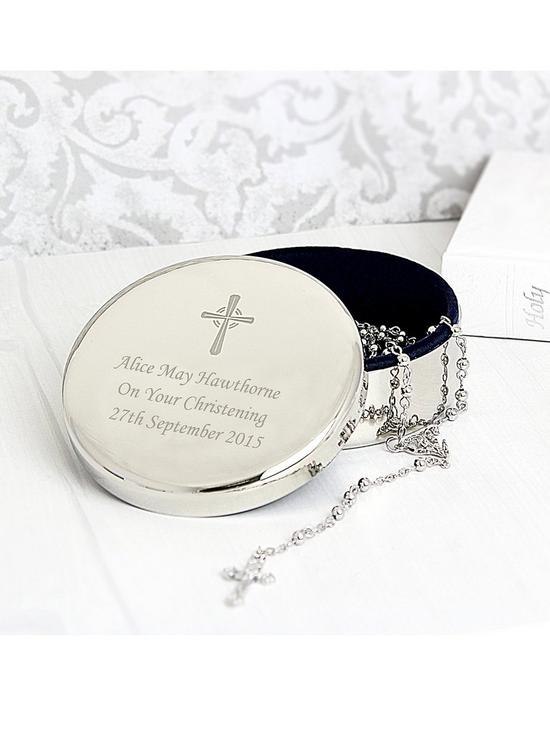 front image of rosary-beads-and-personalised-cross-in-round-silver-finish-trinket-box