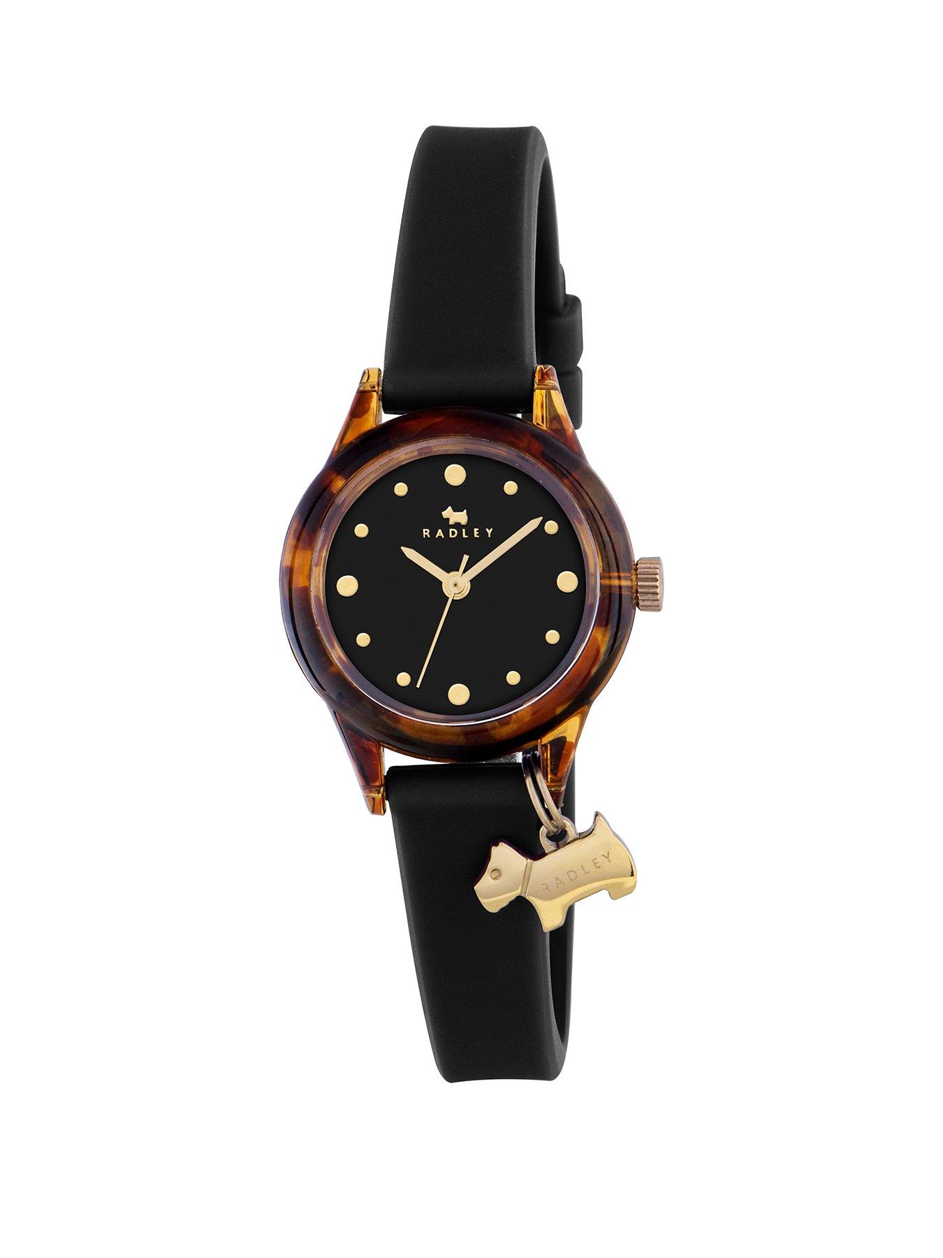 Product photograph of Radley Watch It Tortoise Dial With Dog Charm Black Silicone Strap Ladies Watch from very.co.uk