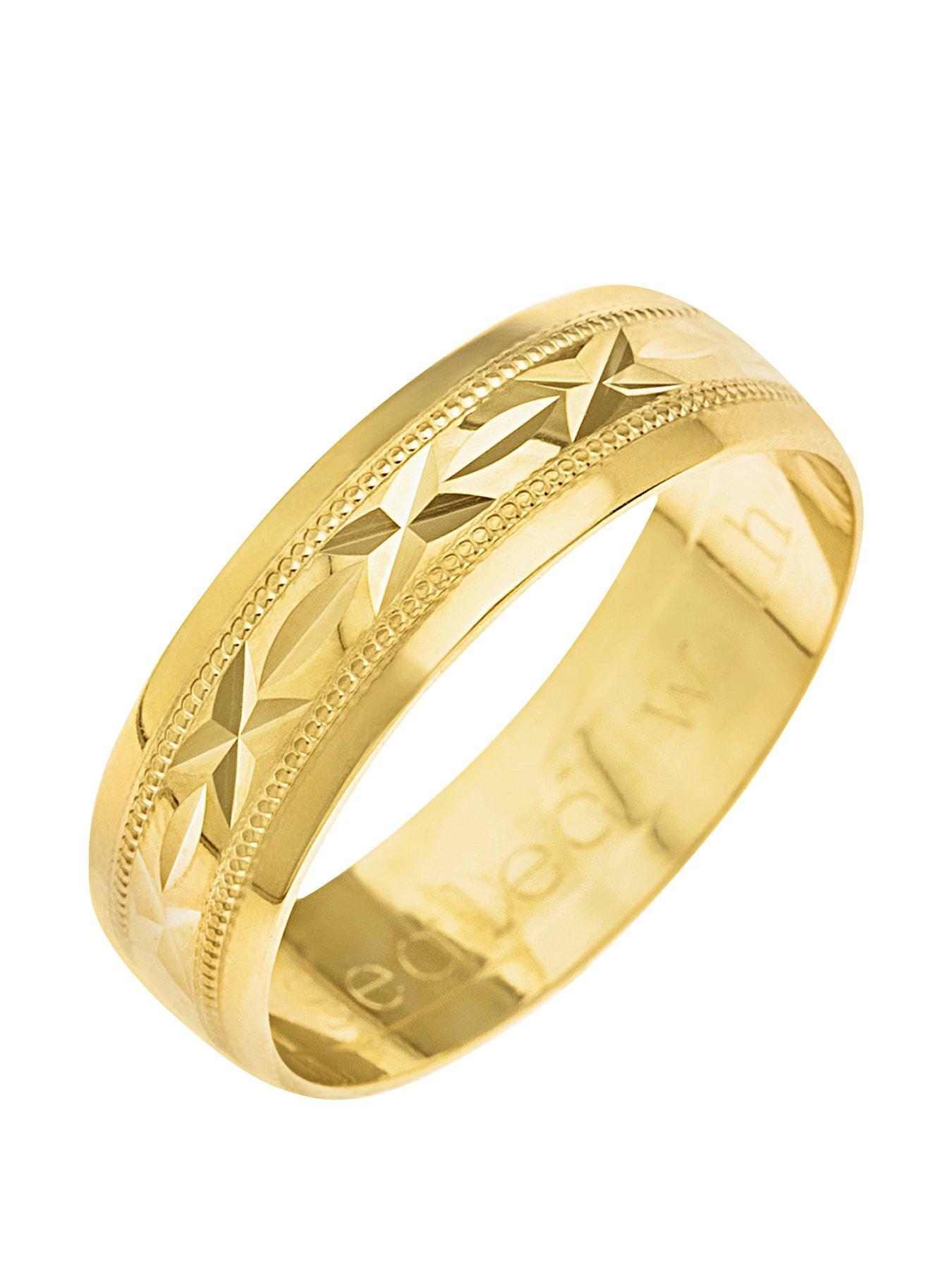 Men 9ct Yellow Gold Diamond Cut 6mm Wedding Band With Message 'Sealed With A Kiss'