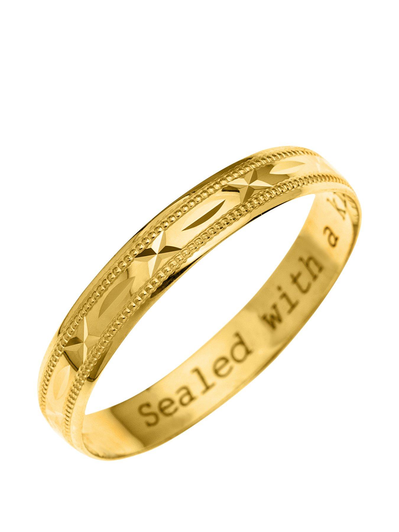 The Love Collection 9ct Yellow Gold Diamond Cut 4mm Wedding Band With Message 'Sealed With A Kiss'