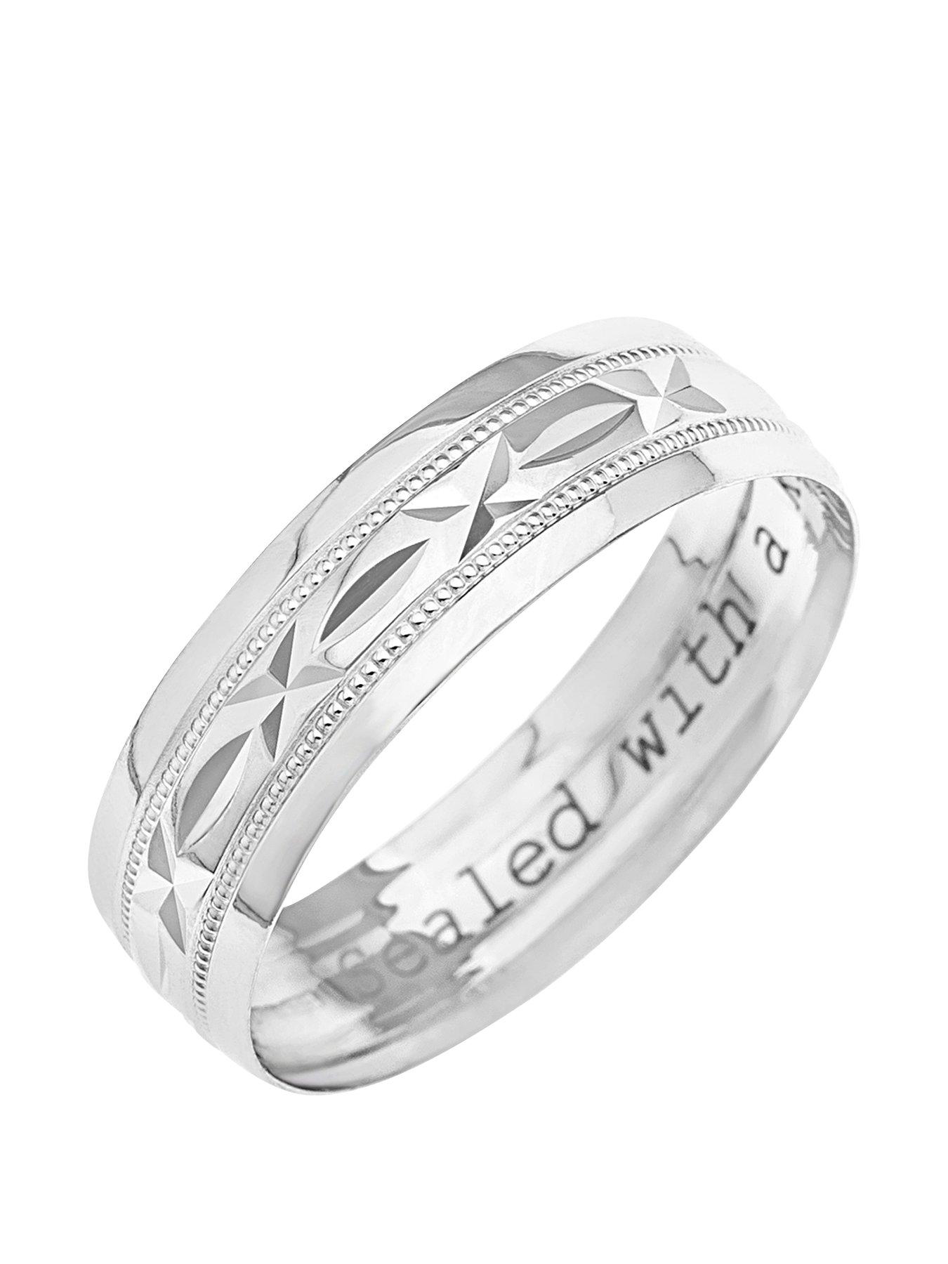 The Love Collection 9ct White Gold Diamond Cut 6mm Wedding Band With Message 'Sealed With A Kiss'