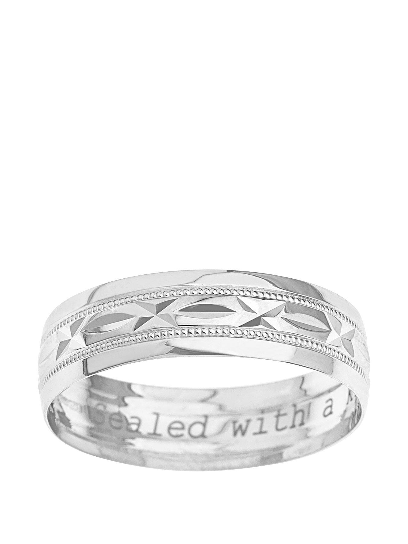 Image 2 of 4 of The Love Collection 9ct White Gold Diamond Cut 6mm Wedding Band With Message 'Sealed With A Kiss'