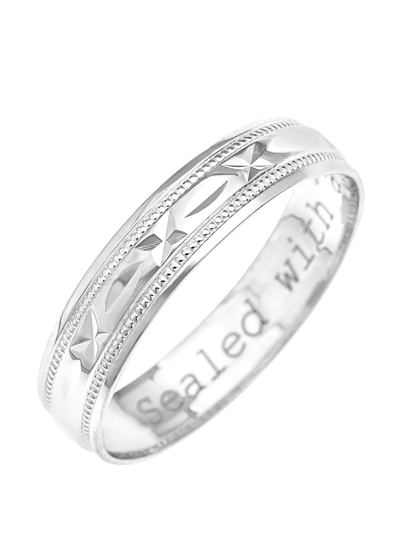 undefined 9ct White Gold Diamond Cut 4mm Wedding Band With Message 'Sealed With A Kiss'