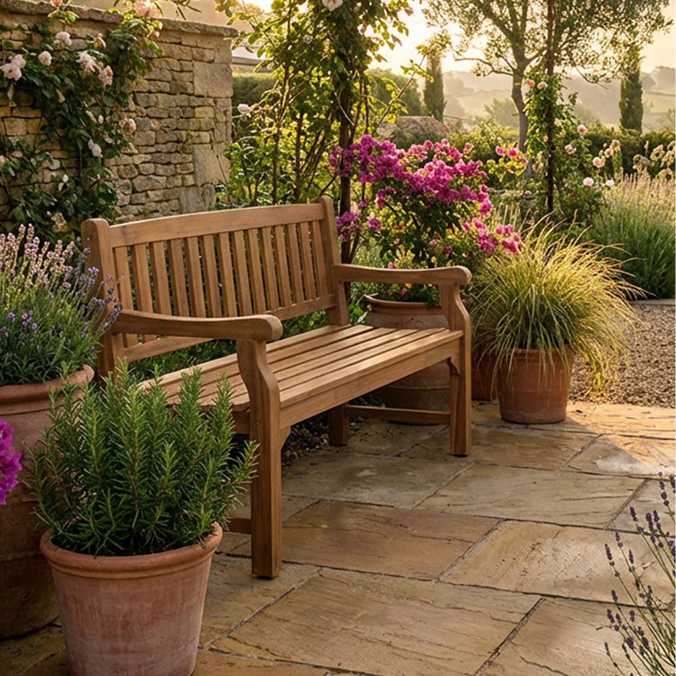 A wooden bench on a stone patio is surrounded by potted lavender and vibrant pink flowers under sunny, golden light, creating a serene outdoor space.