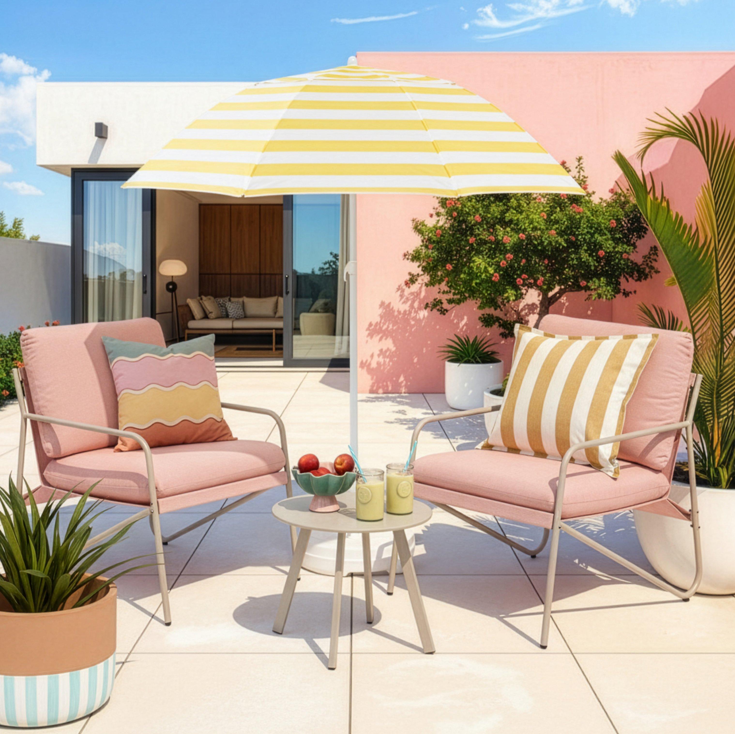 Pink metal bistro set with striped decorative cushions sits on a stone patio. Surrounded by plants and bushed, it's a nice outdoor space.