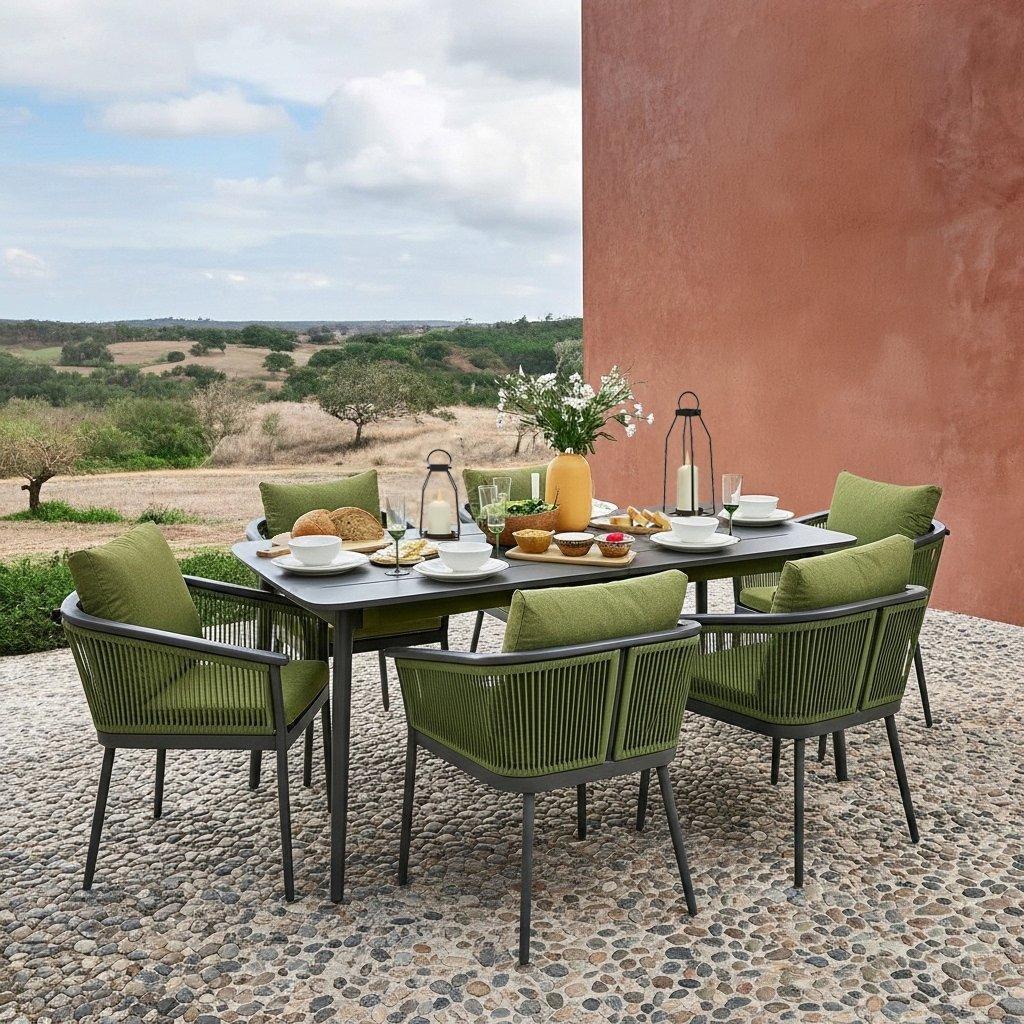 Outdoor dining setup on a pebble patio with a view of a serene landscape. Table has green chairs and is set with plates, bread, and flowers, creating a peaceful al-fresco ambiance.