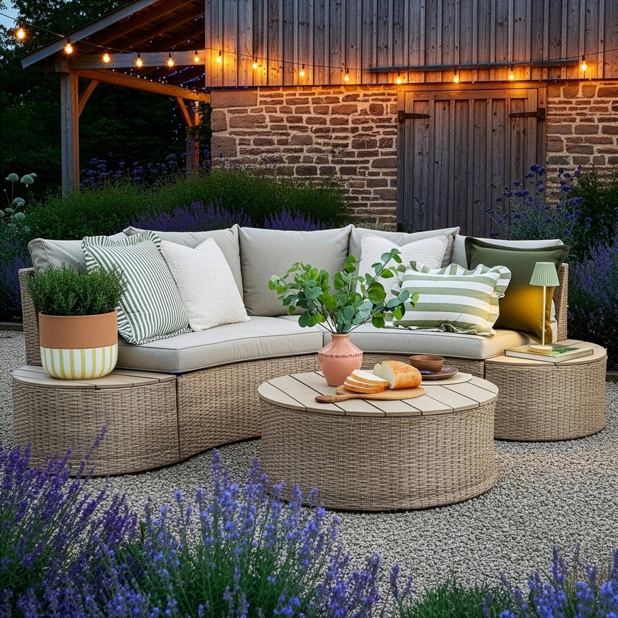 Cosy patio setting with tan wicker garden furniture set, soft cushions, and a outdoor coffee table with snacks and foliage. Warm string lights hang on a rustic brick wall. The perfect outdoor setting.