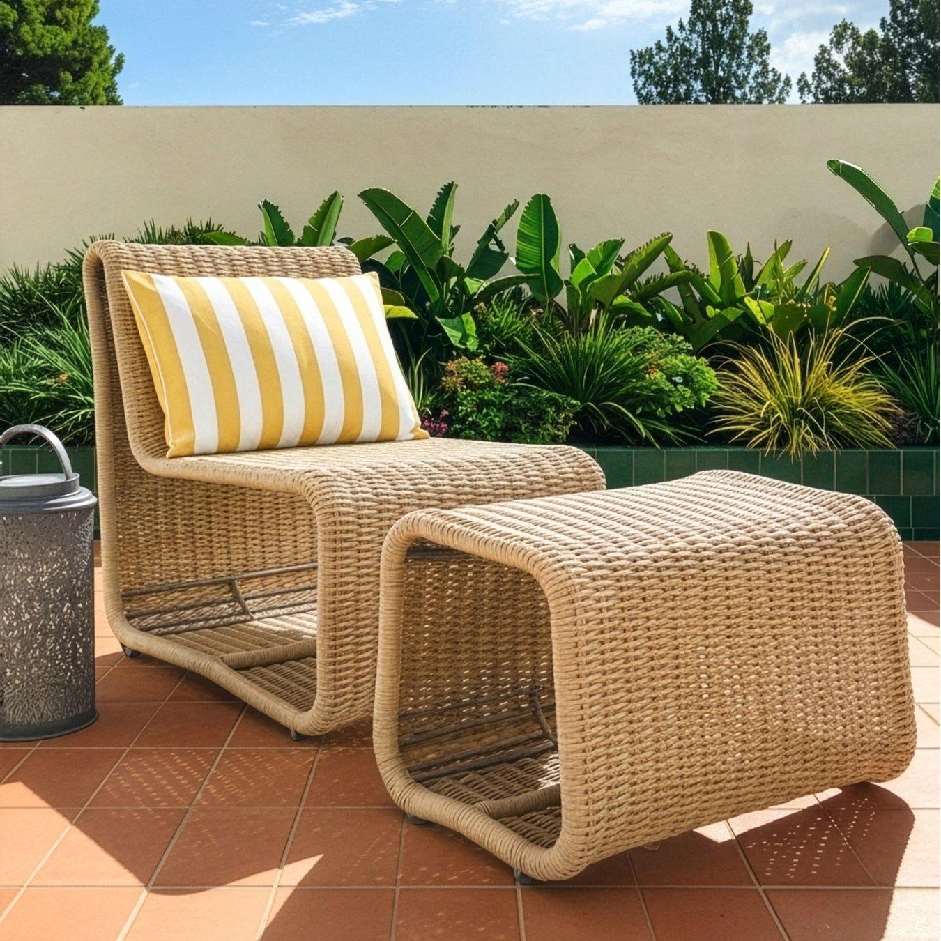 Outdoor patio scene with woven rattan chair and footrest. Yellow-striped cushion adds a splash of colour. Lush green plants in background under a clear sky.