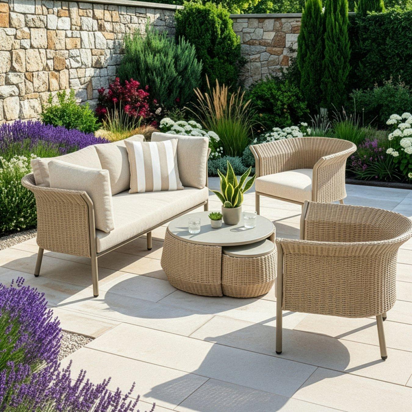 Outdoor seating area with beige wicker sofa set and coffee table on a stone patio. Surrounded by lush greenery and flowers, creating a serene, inviting atmosphere.