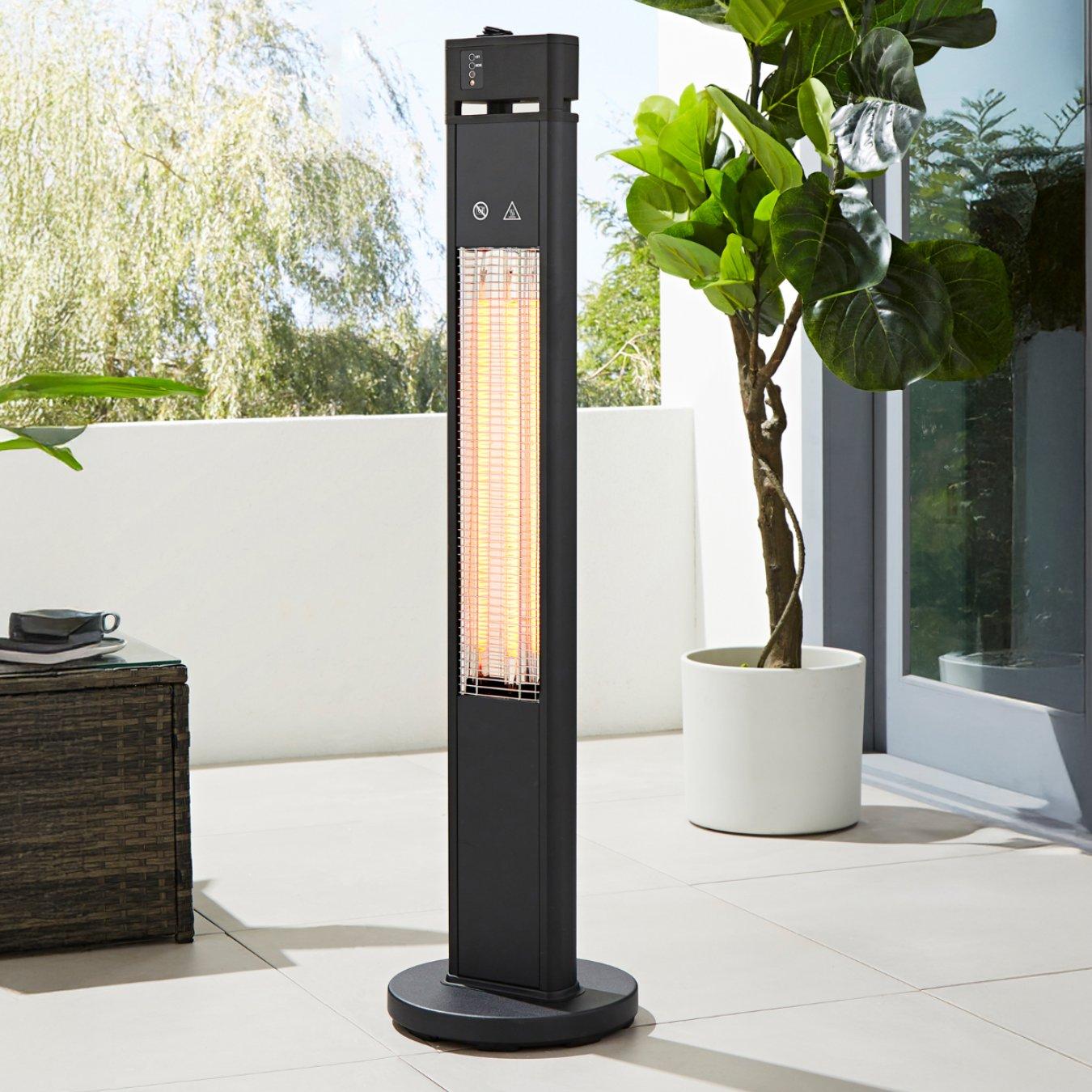 Upright black outdoor heater sits on someones patio.