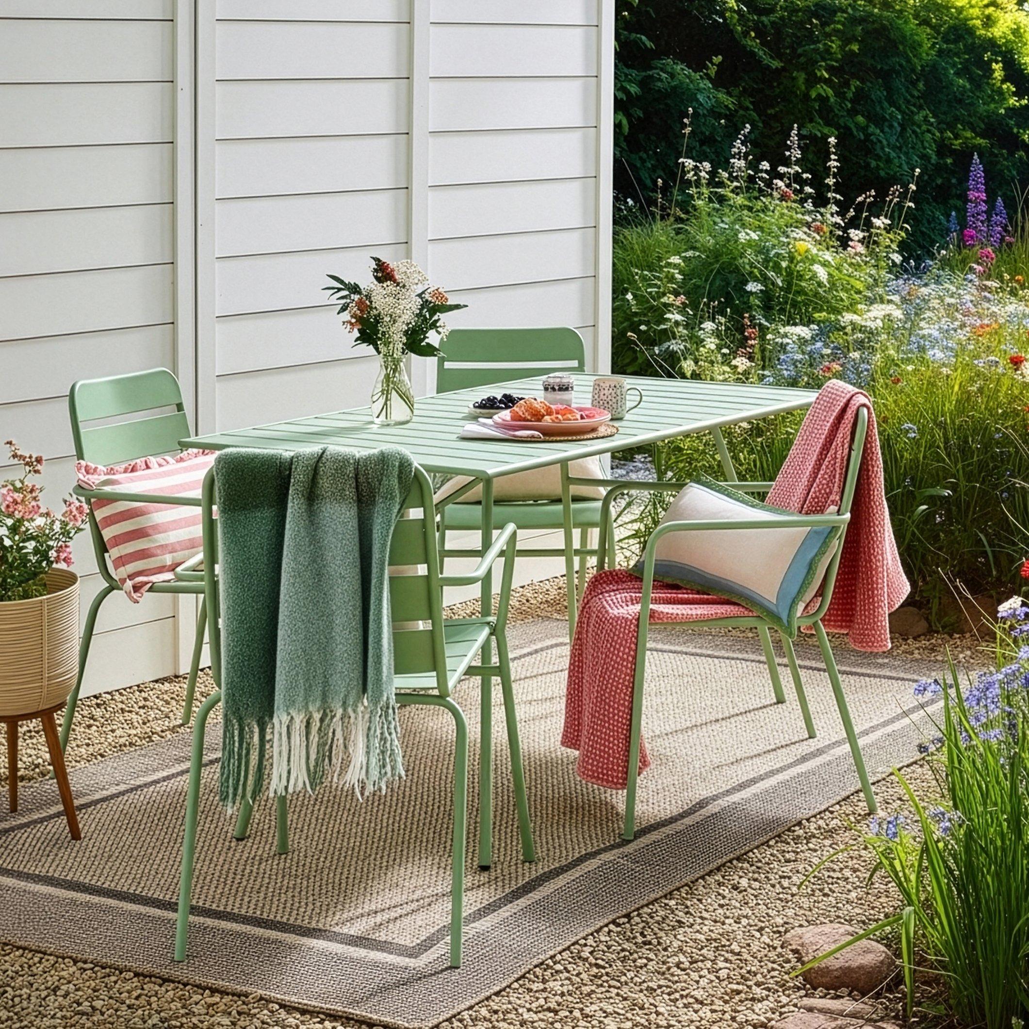 Outdoor patio scene with light green metal dining set, draped blankets, and a vase of flowers. Plates of food suggest a cosy gathering. Lush garden backdrop.