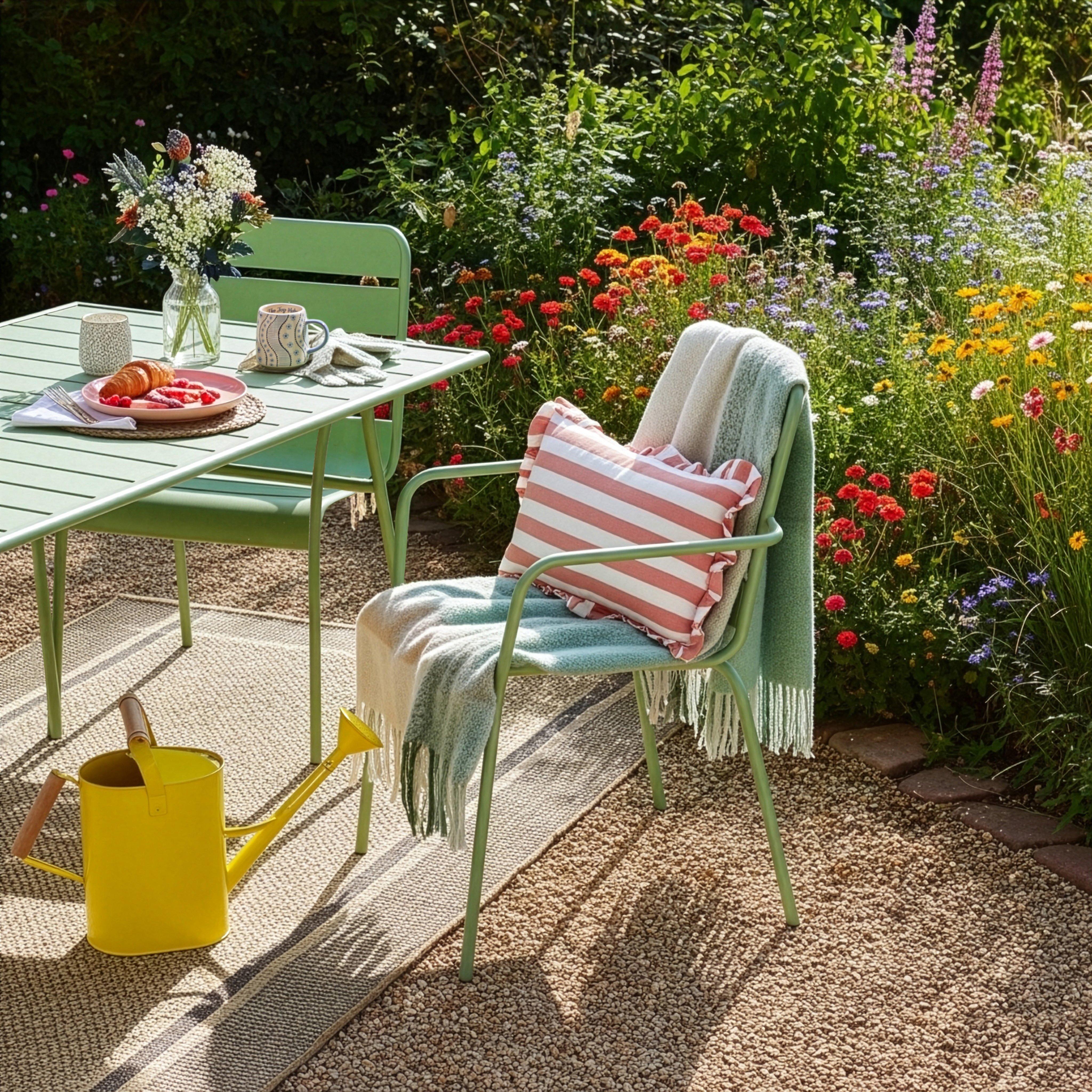 Green metal garden dining set is decorated with fluffy green throws and striped cushions.