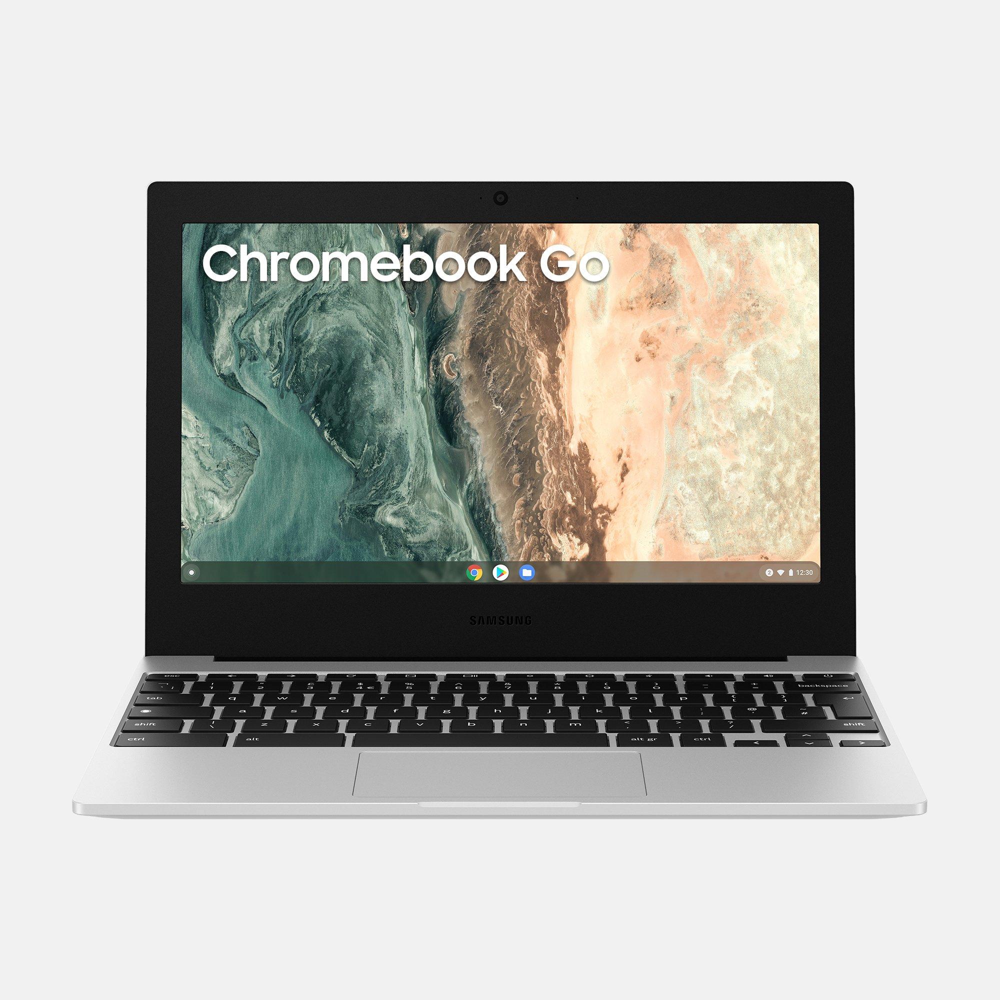 Samsung Chromebook Go laptop open on a grey background, displaying the “Chromebook Go” text and a marble-like abstract wallpaper on the screen. A great budget laptop option.