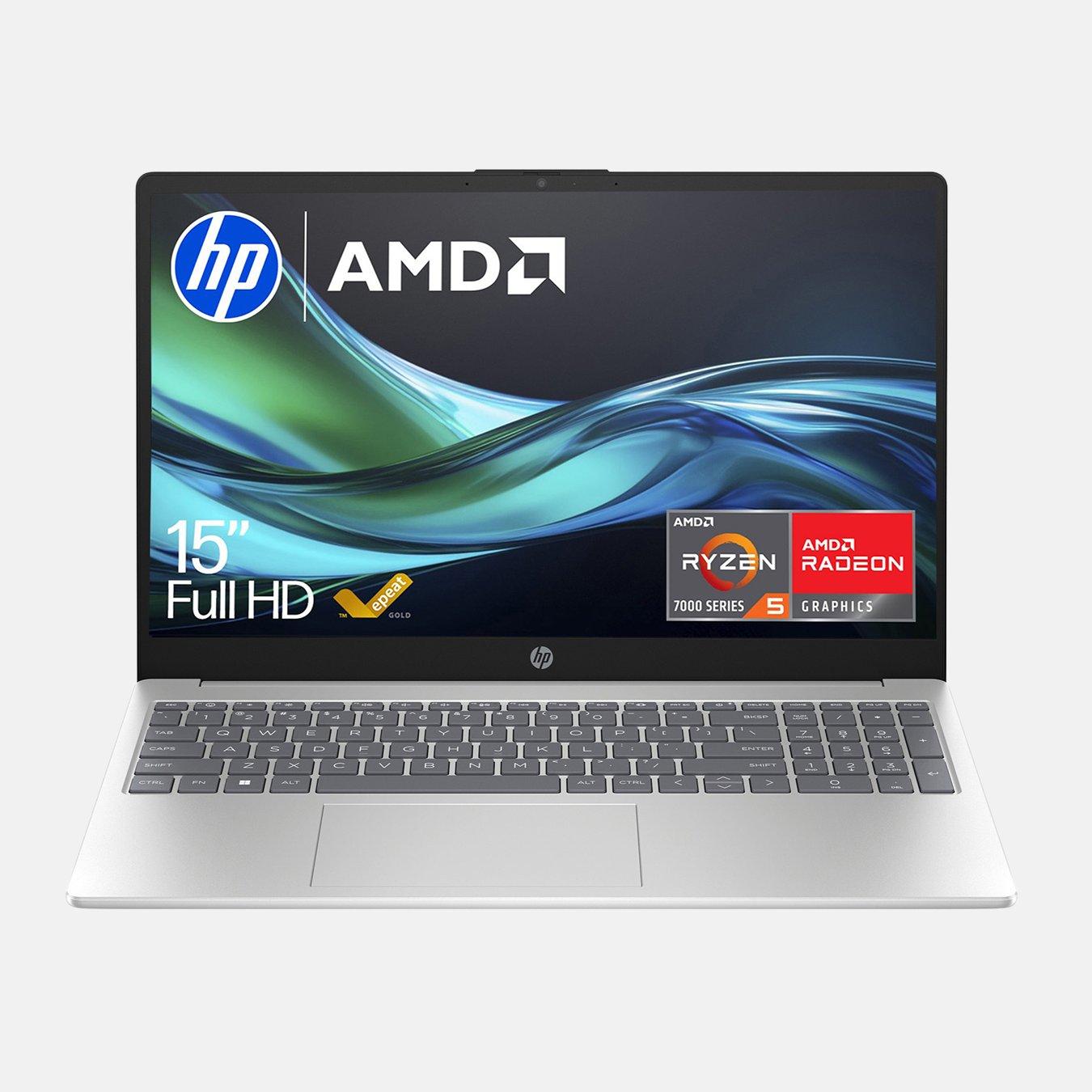 An HP laptop with a 15-inch Full HD display, showcasing the HP and AMD logos. The screen features a smooth abstract design in blue and green, with information about the AMD Ryzen 5000 Series processor and Radeon graphics on the lower part.
