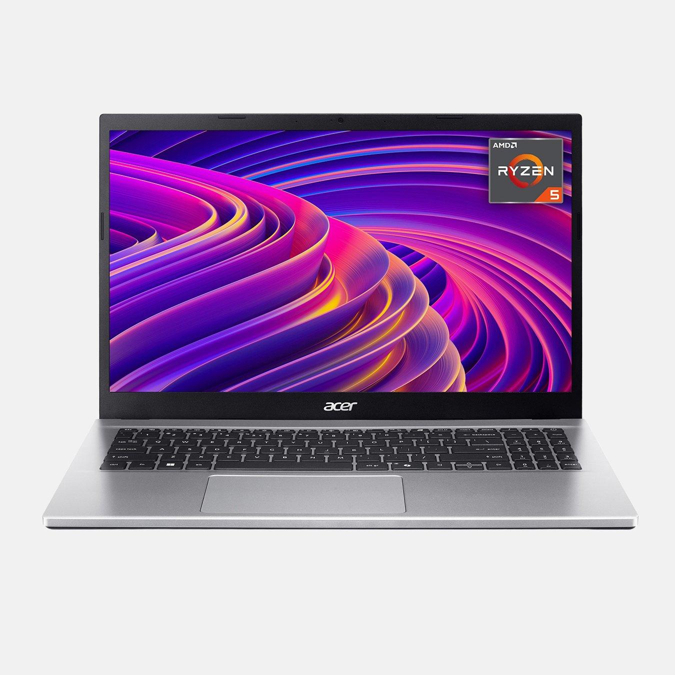 A silver Acer Aspire Go 15 laptop with a visible keyboard, black screen bezels, and a colourful abstract image and Ryzen 5 badge displayed on the screen. The best laptop choice for students.