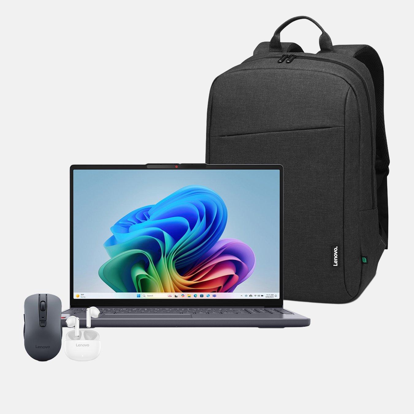 A Lenovo IdeaPad Slim 3 Copilot+ PC laptop with a vibrant display is positioned at the centre. To the left, there is a grey Lenovo wireless mouse, and below it, a pair of white wireless earbuds. In the background, a dark grey backpack is visible, slightly angled. A great laptop option for work.