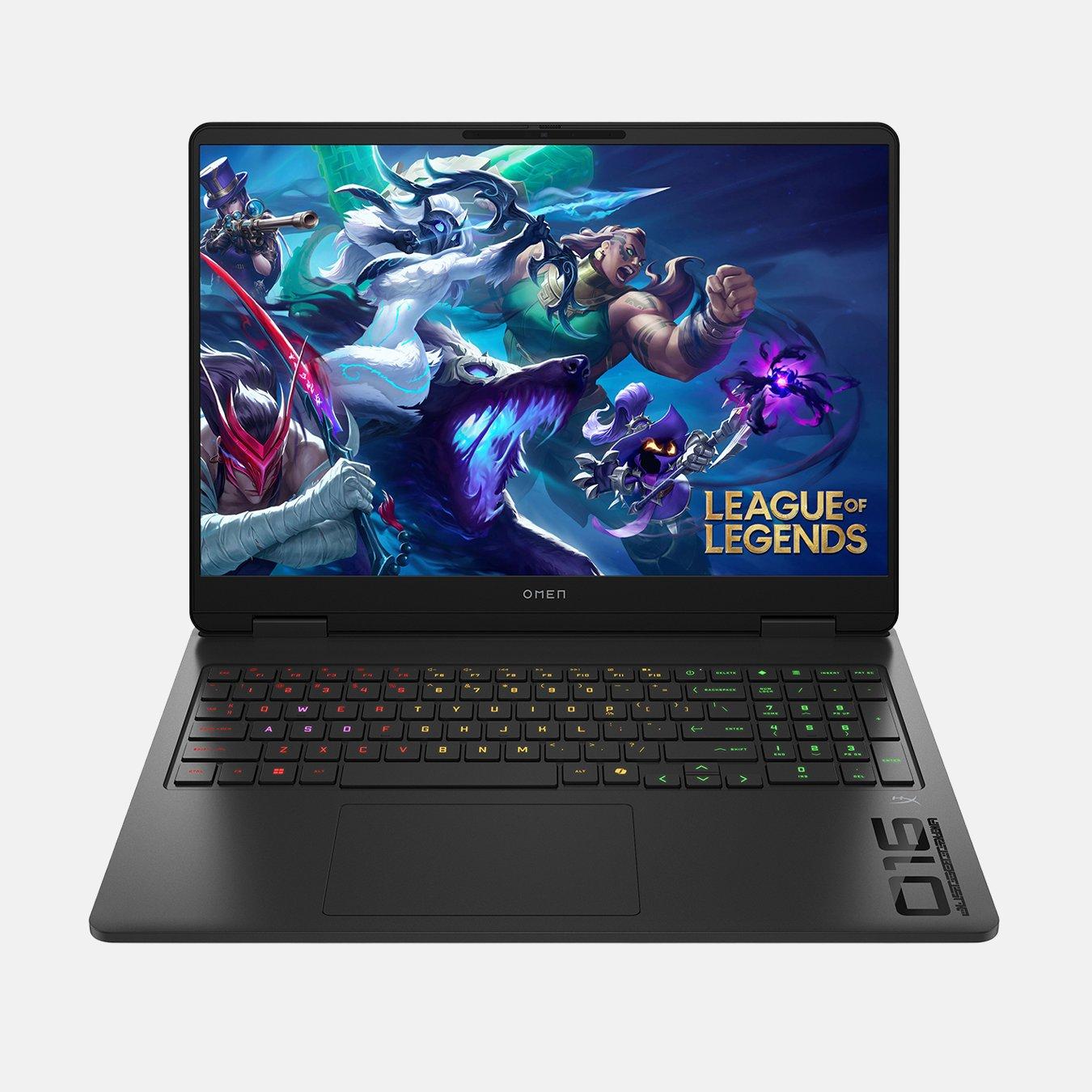 A black HP Omen 16-ap001na laptop with a colourful keyboard displays the "League of Legends" game on its screen. The background features various characters from the game, including champions and creatures, set in a vibrant fantasy environment. A great gaming laptop.