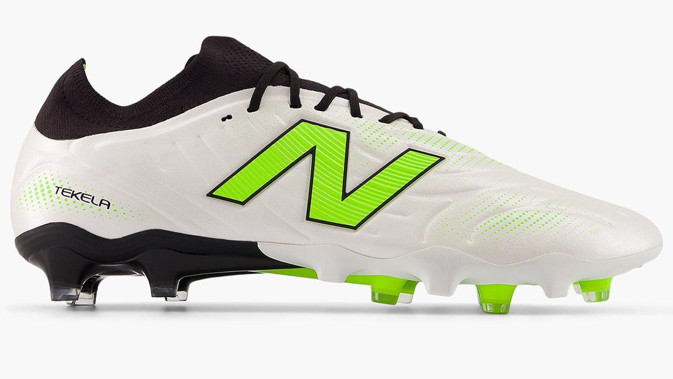 Side on view of a pair New Balance Tekela Football Boots in white and neon yellow. The perfect football boots for goal keepers.