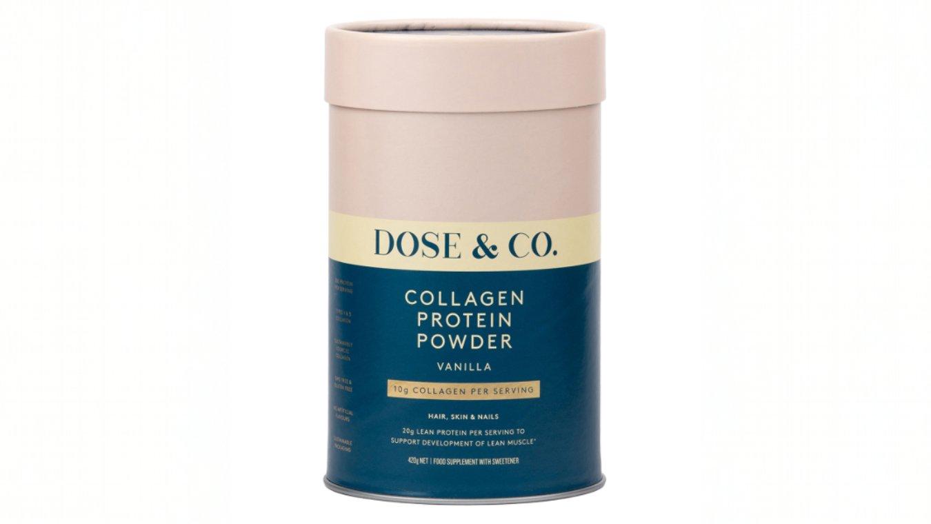 Tub of Dose & Co's collagen protein powder