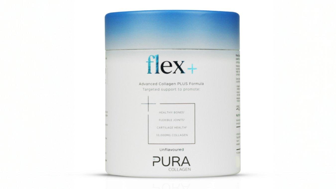 Containers of  Pura Collagen Flex+ powder supplement