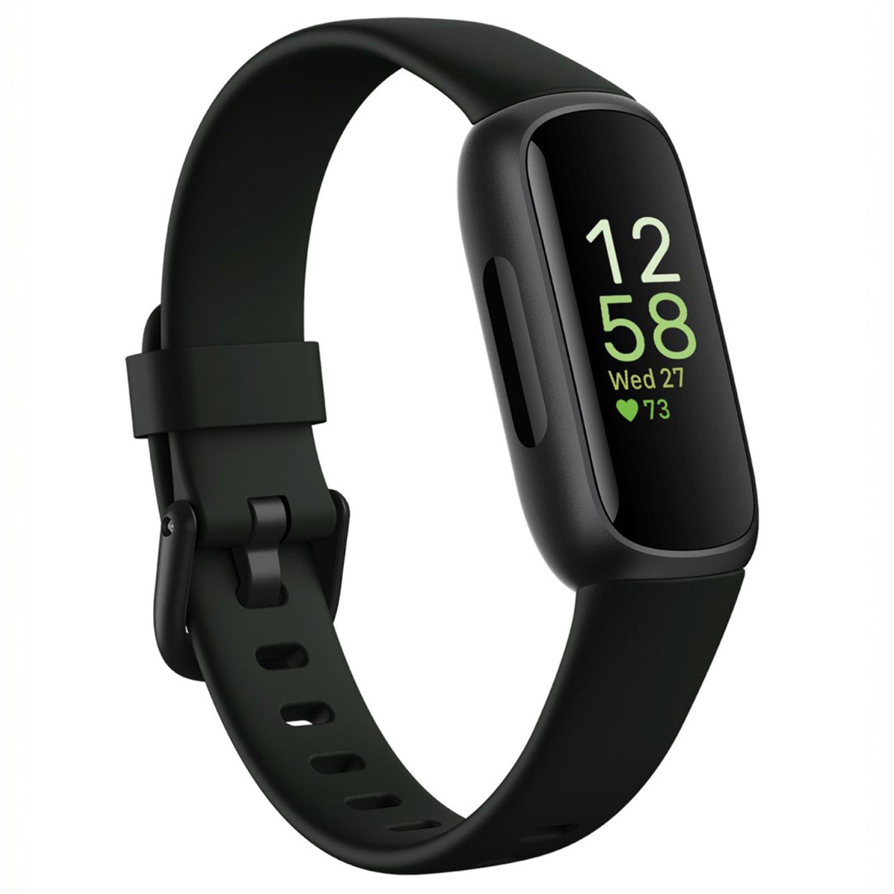 Image of the Fitbit Inspire 3 fitness watch against a white background. The watch has a black face and black strap and is displaying the time on the face of the watch.