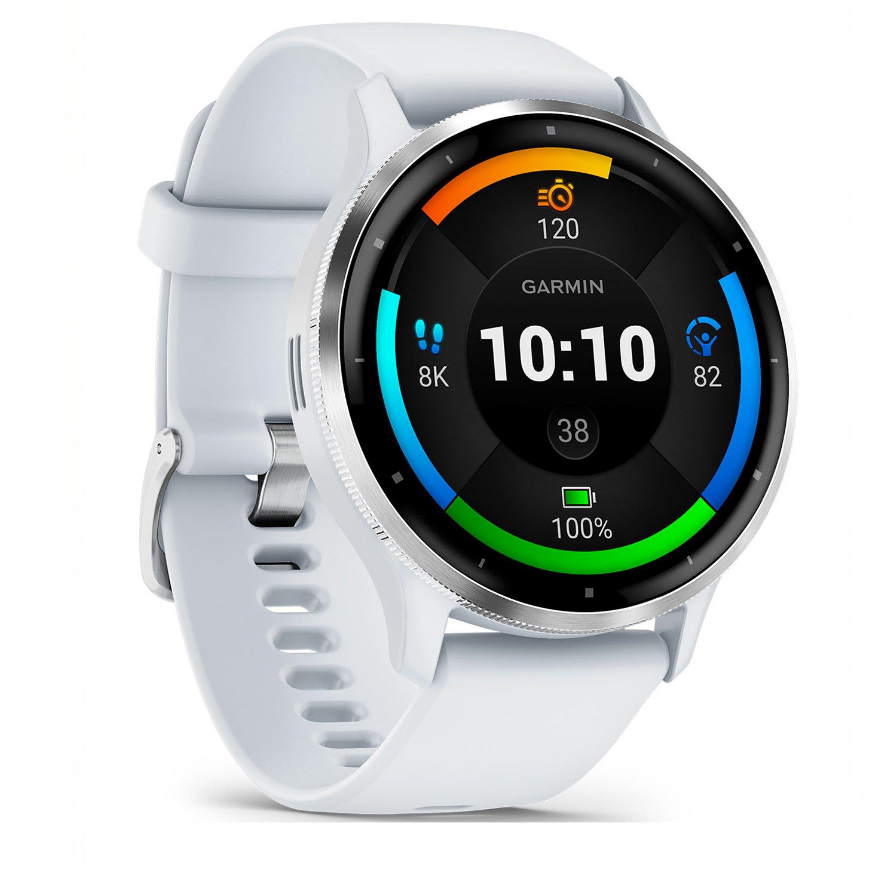 Image of the Garmin Venu 3 fitness watch with a black watch face and white strap. The face of the watch is displaying the time.