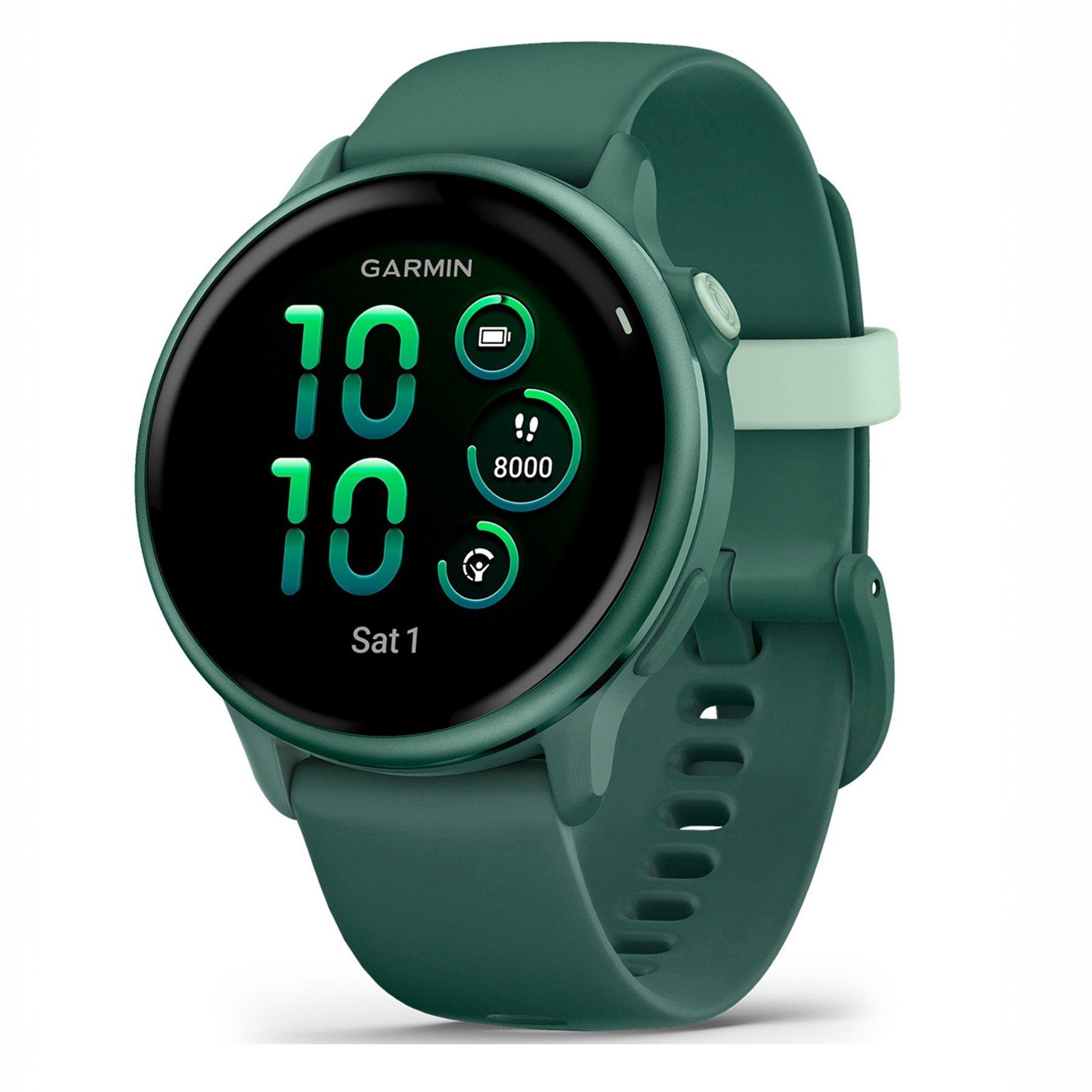 Image of the Garmin Vivoactive 6 fitness watch against a white background. The watch has a black face that has the time displayed and a dark green strap.