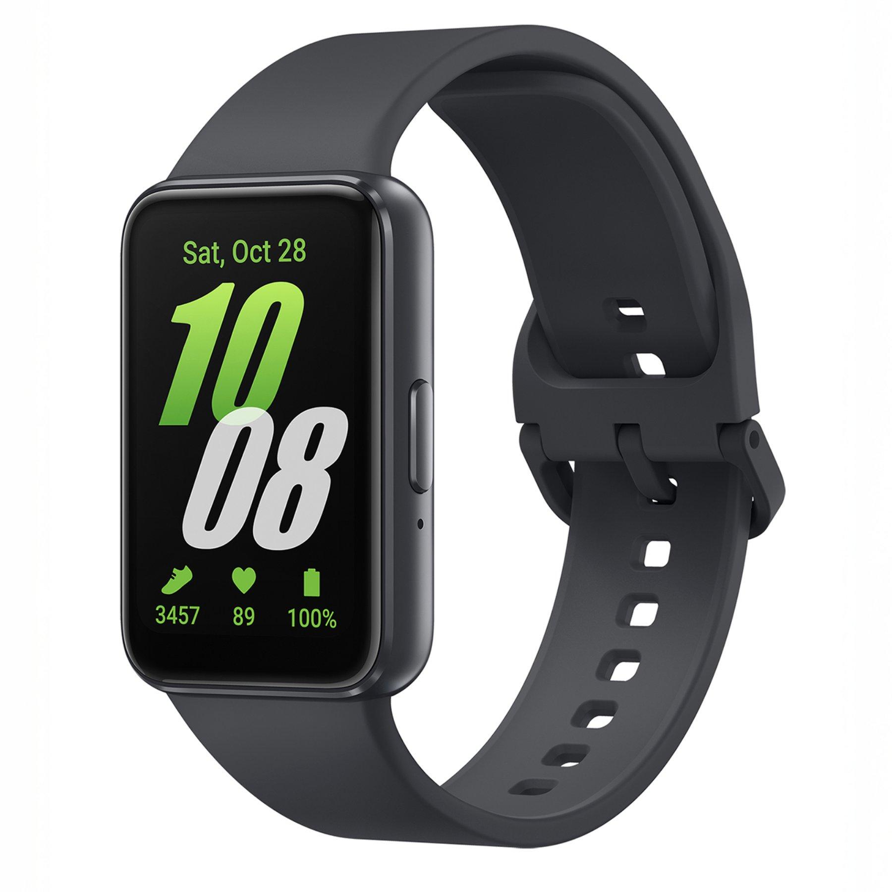 Image of the Samsung GalaxyFit3 fitness watch against a white background. The watch has a black face and dark grey strap and the time is displayed on the screen.
