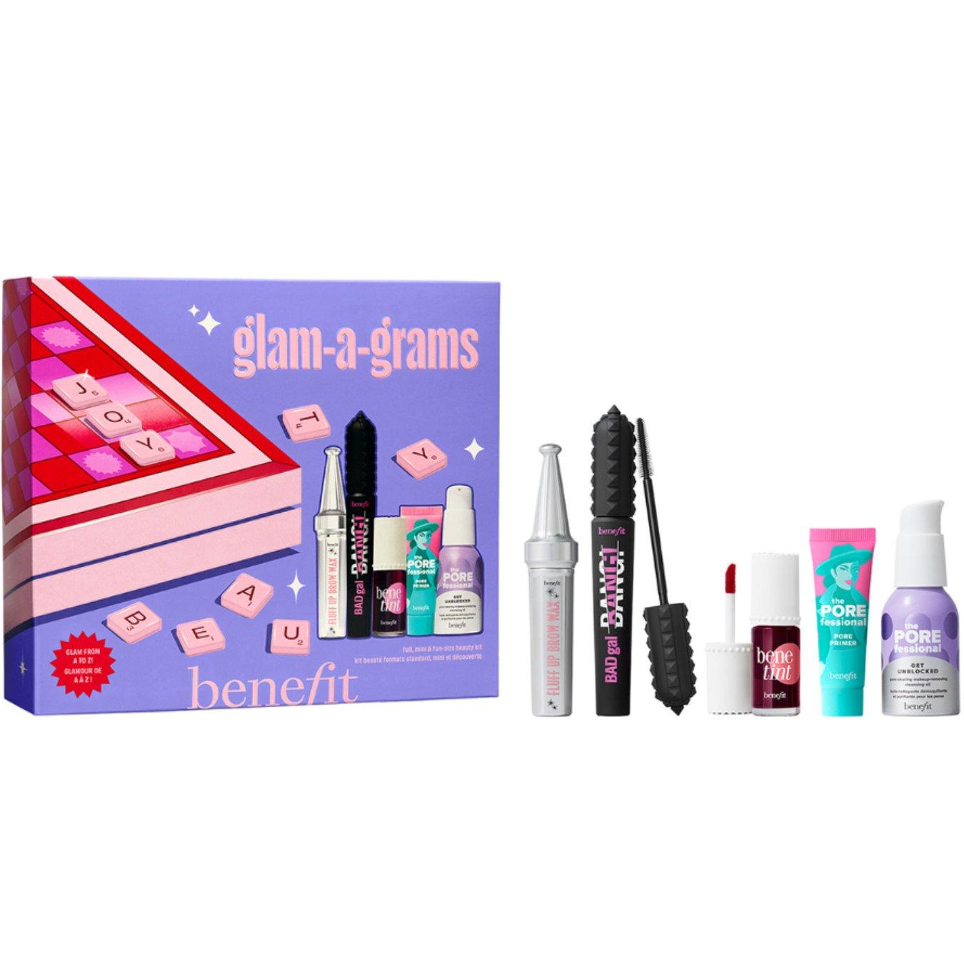 Image of Benefit's Glam A Grams 5-piece Full Face Beauty Gift Set. The content of the box lined up next to the box.