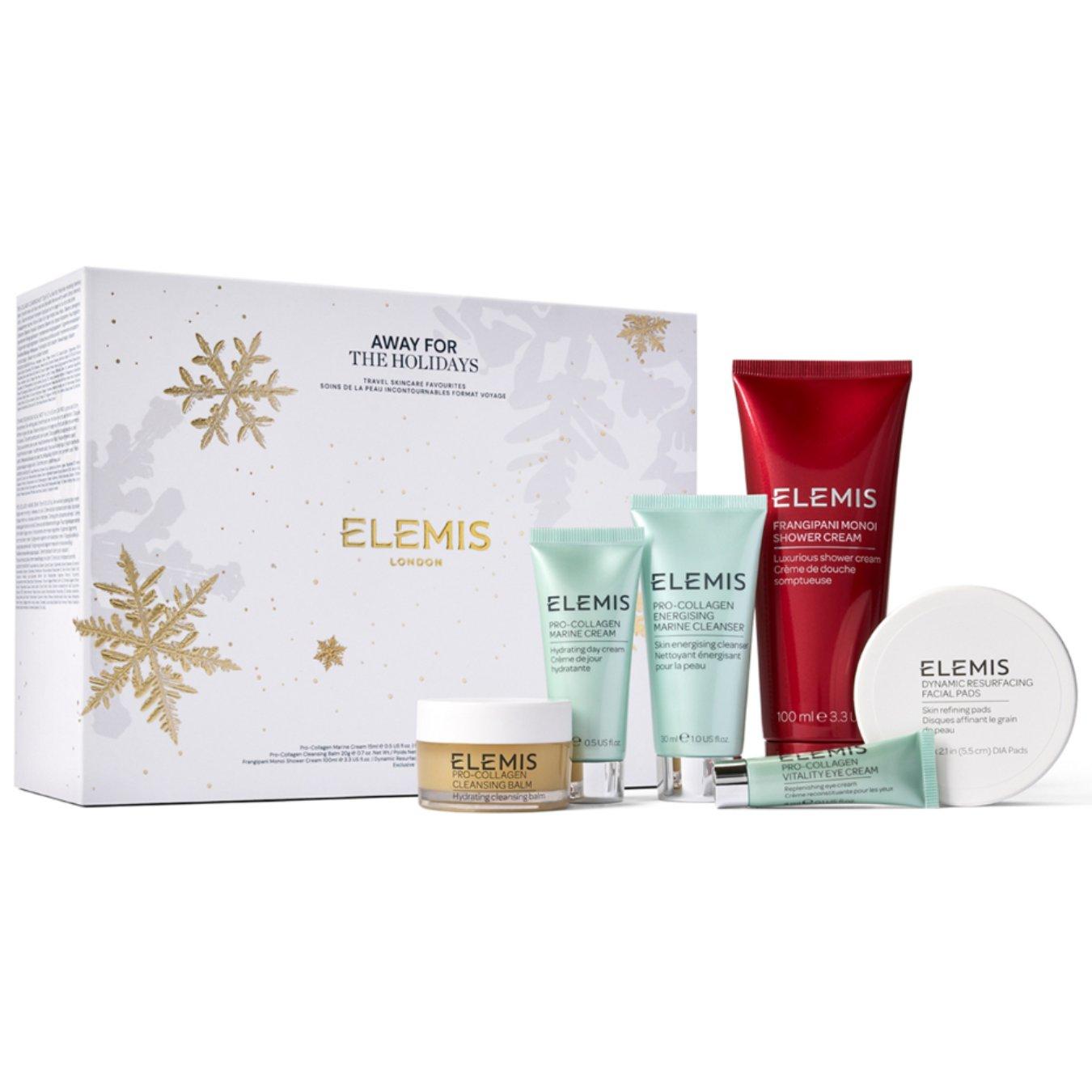 Image of the Elemis Away for the Holidays Gift Set. The contents of the gift set including lots of different skincare items next to the gift box.