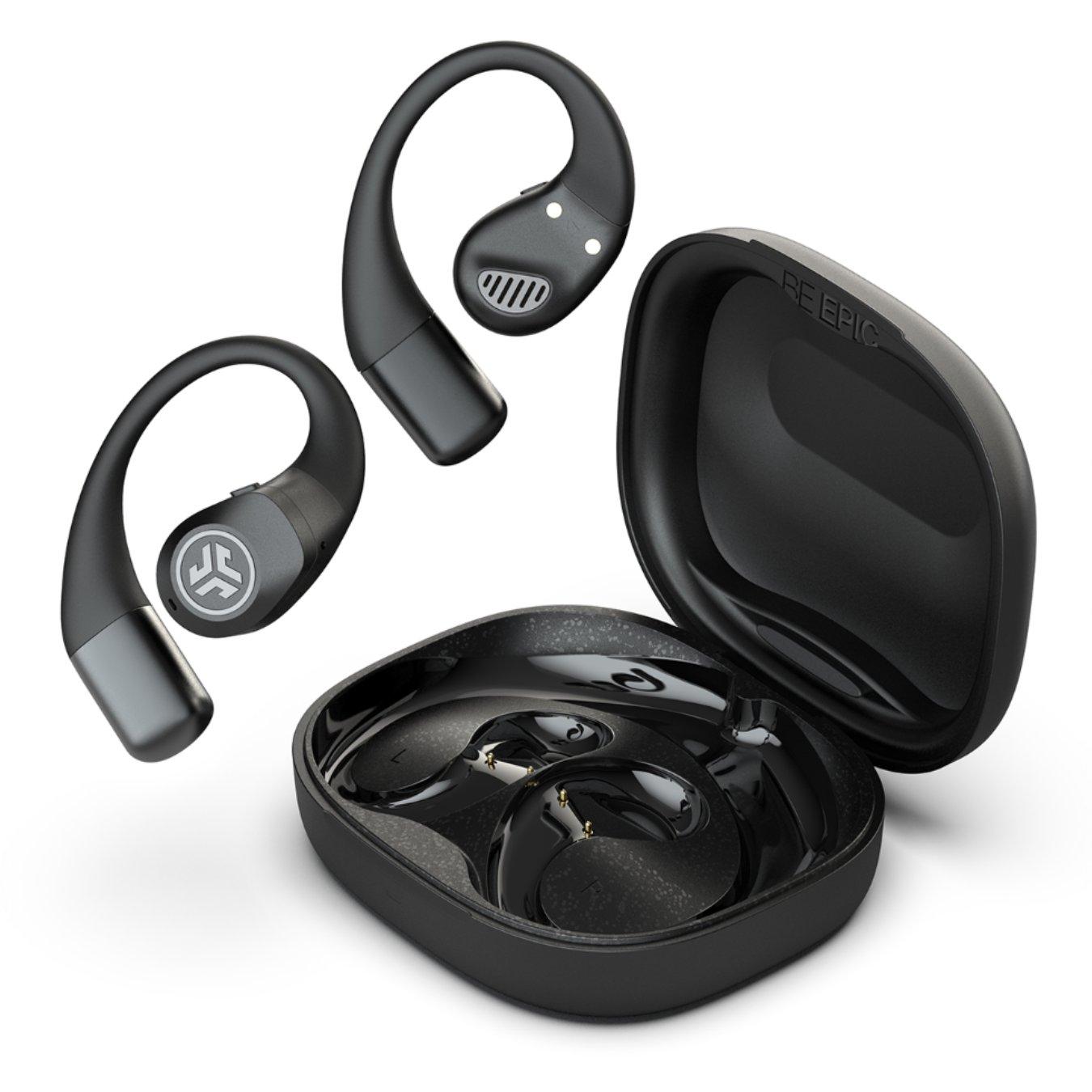 open case of the JLab Epic Open Sport Earbuds displaying the earbuds clearly 
