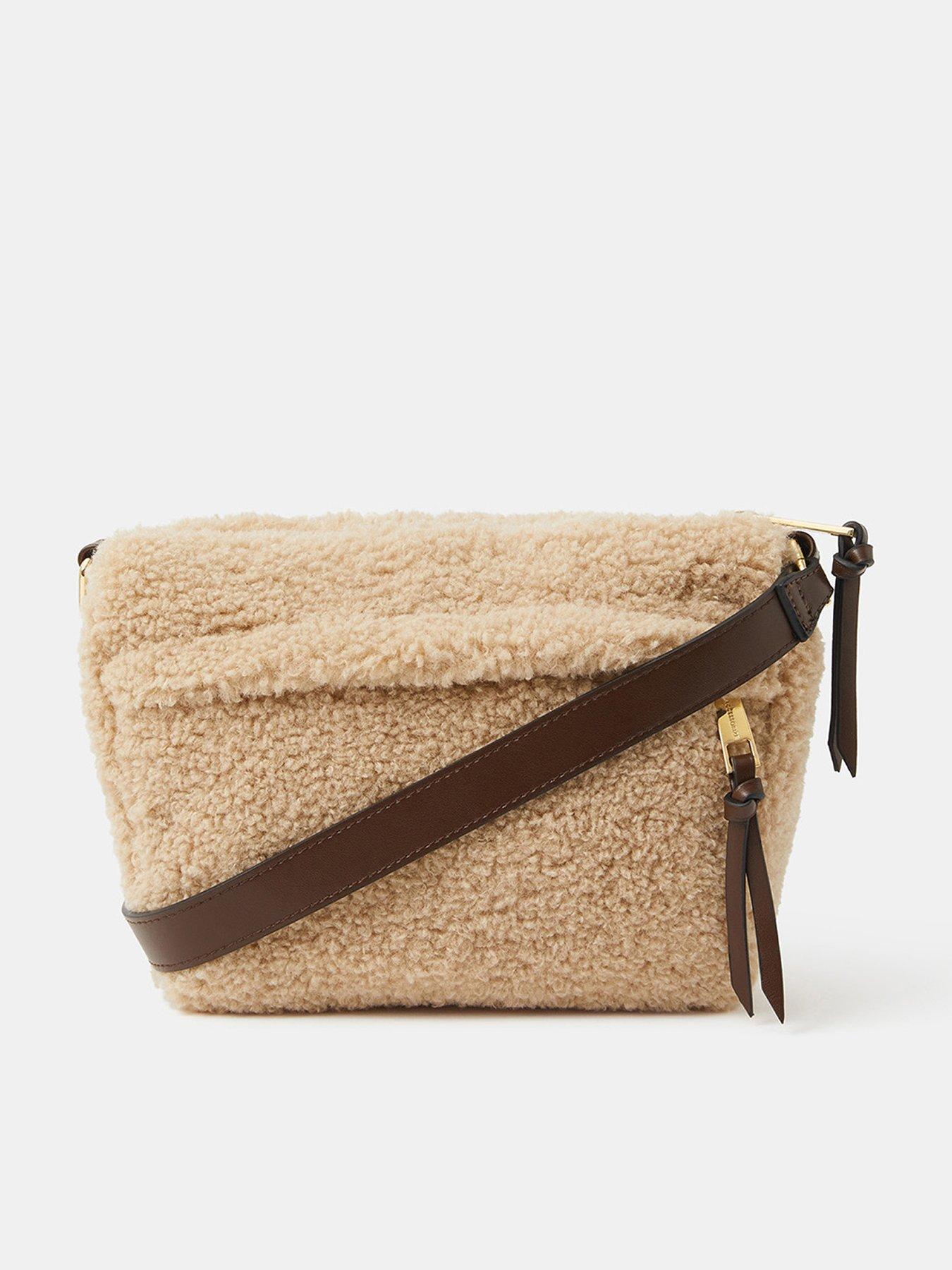 Cream borg cross body bag with brown leather strap