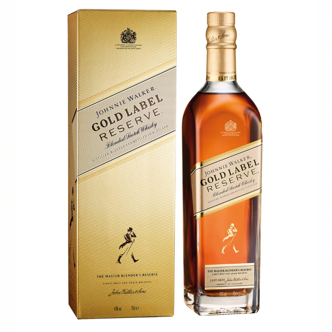 A bottle and box of Johnnie Walker Gold Label Reserve Whisky