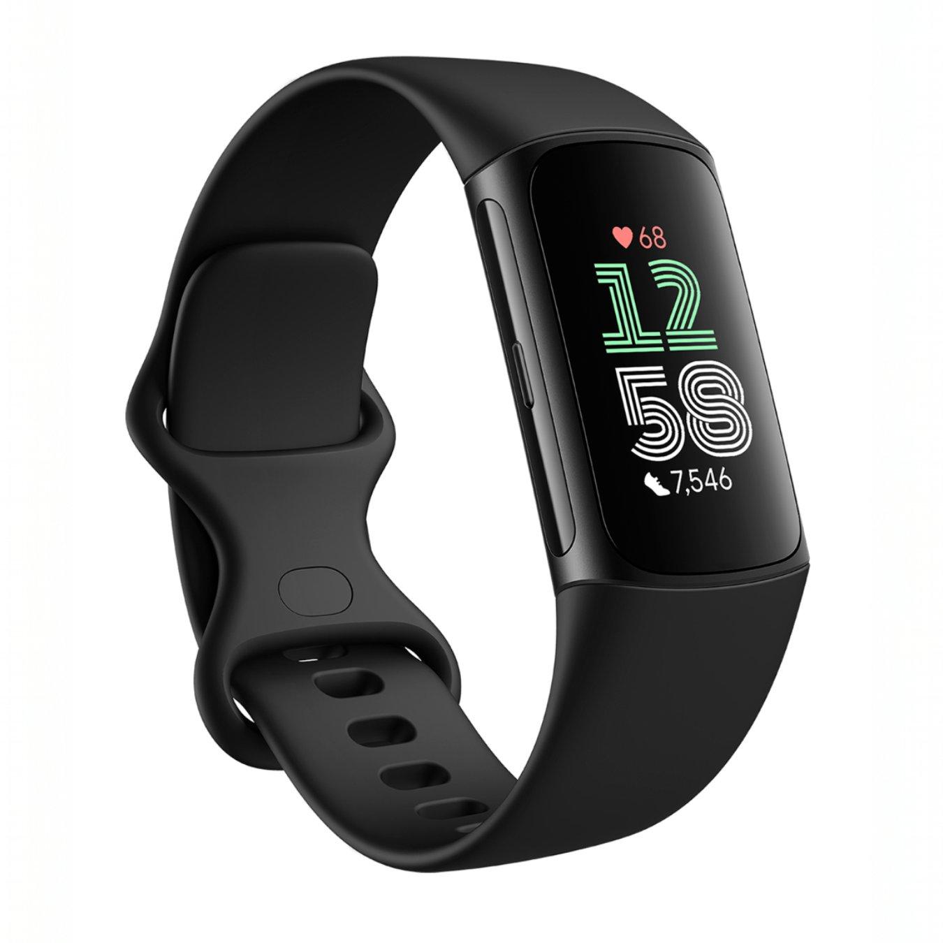 The Fitbit Charge 6 fitness watch with a black face and strap. The face is displaying the time